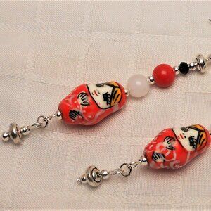 Handmade earrings with ceramic Matryoshka dolls, cat's eye beads